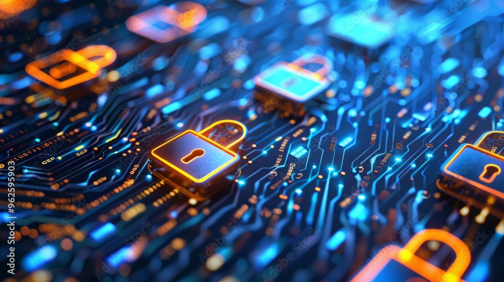 A computer chip with many locks on it A computer chip with many locks on it