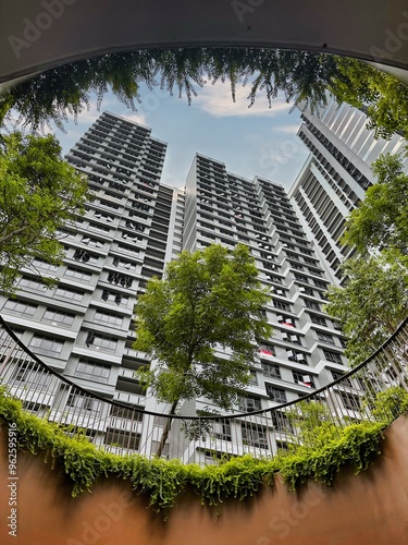 Photography Look Up Perspective Of Modern Singapore Public Housing Apartments Surrounded By
