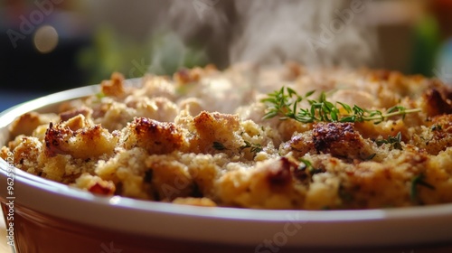 Close-up of Steaming Bread Crumbs with Thyme Garnish in a White and Brown Casserole Dish