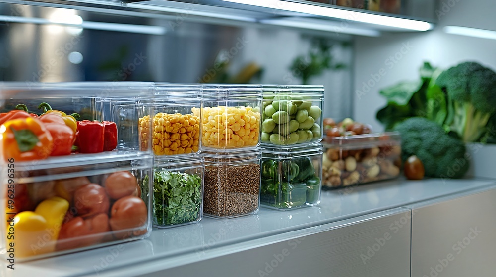 contemporary fridge, clear bins and shelves for organized storage ...