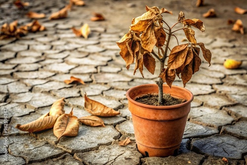 A wilted, brown, and withered potted plant sits alone on a cracked, dry soil surface, surrounded by scattered dead leaves and forgotten memories of once-lush life.