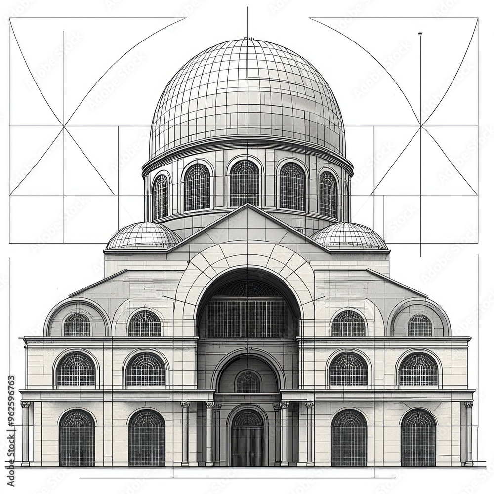 Architectural Drawing of a Church with Golden Ratio Grid Architectural Drawing of a Church with Golden Ratio Grid