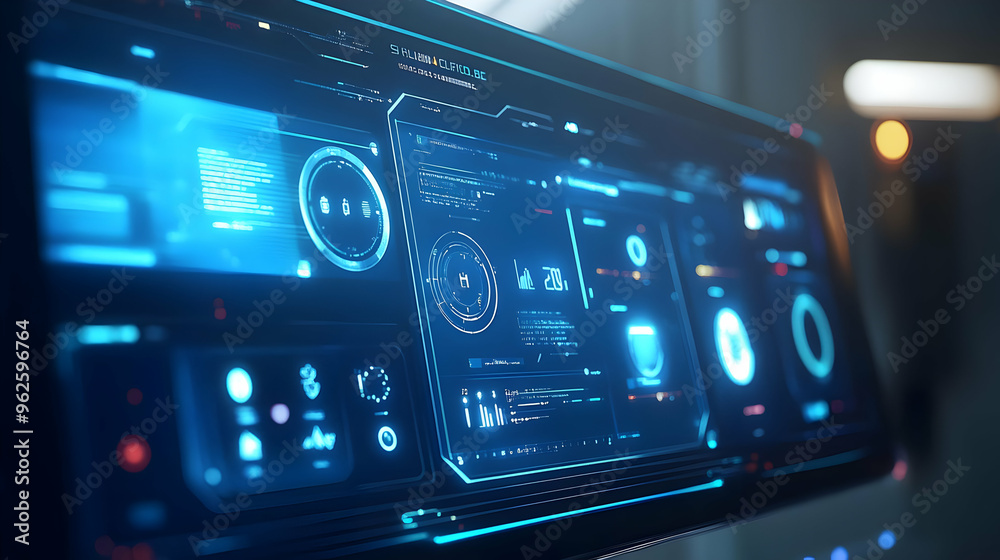 Futuristic Digital Interface with Blue Glowing Lights - 3D Illustration Futuristic Digital Interface with Blue Glowing Lights - 3D Illustration