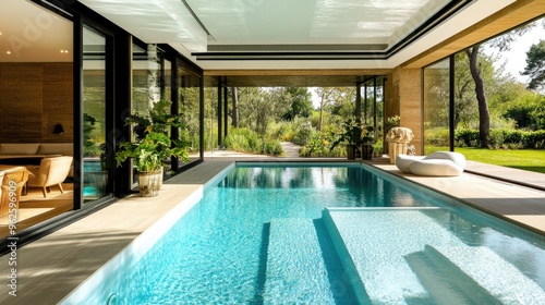 A luxurious pool with a stunning glass wall, overlooking a beautiful garden and surrounded by modern furniture.