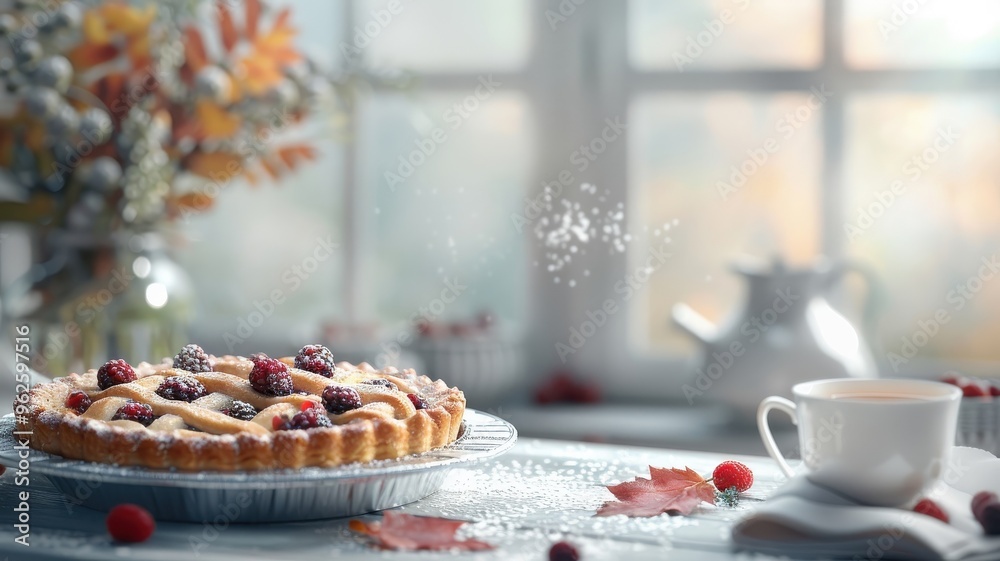 A pie with a lattice crust and summer berries cools on a windowsill. A pie with a lattice crust and summer berries cools on a windowsill.
