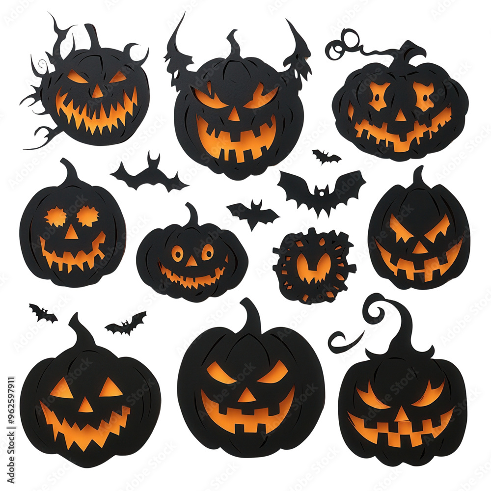 A collection of spooky Halloween pumpkins featuring various playful and sinister expressions in vibrant colors.