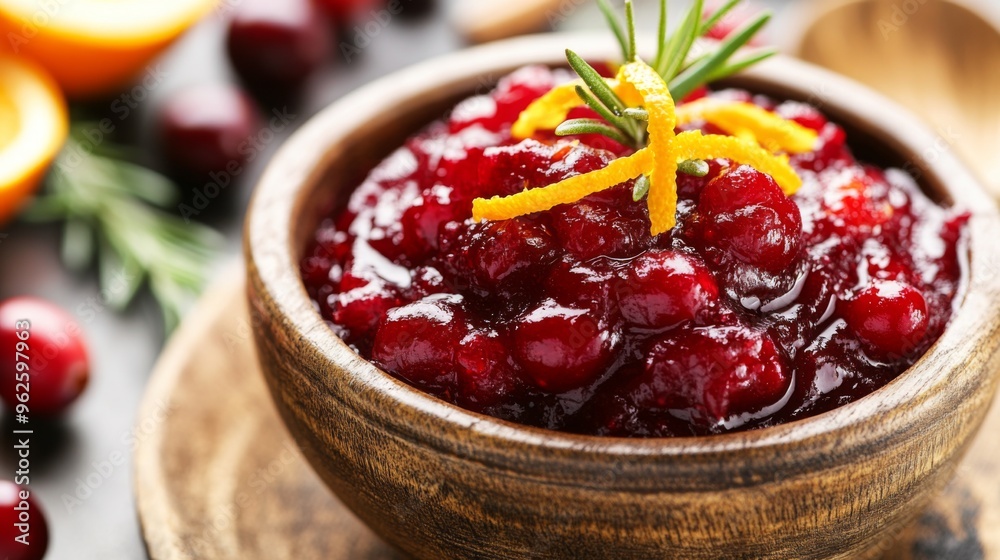 Cranberry Sauce in Wooden Bowl with Orange Zest and Rosemary Cranberry Sauce in Wooden Bowl with Orange Zest and Rosemary