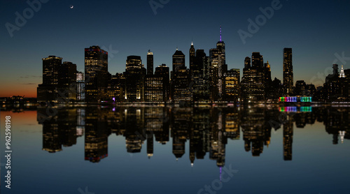 Wide shot of New York city Skyline by night at twilight looking towards downtown Manhattan 
