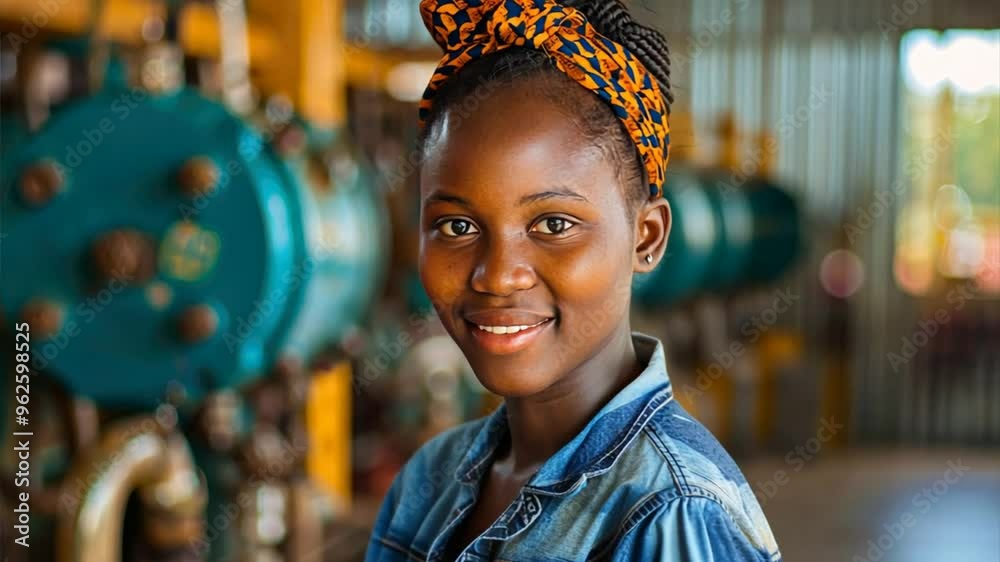 Confident Engineer: A young woman with a bright smile and confident gaze stands in an industrial setting. Her denim jacket and braided hair add a touch of personality against the backdrop of a complex Confident Engineer: A young woman with a bright smile and confident gaze stands in an industrial setting. Her denim jacket and braided hair add a touch of personality against the backdrop of a complex