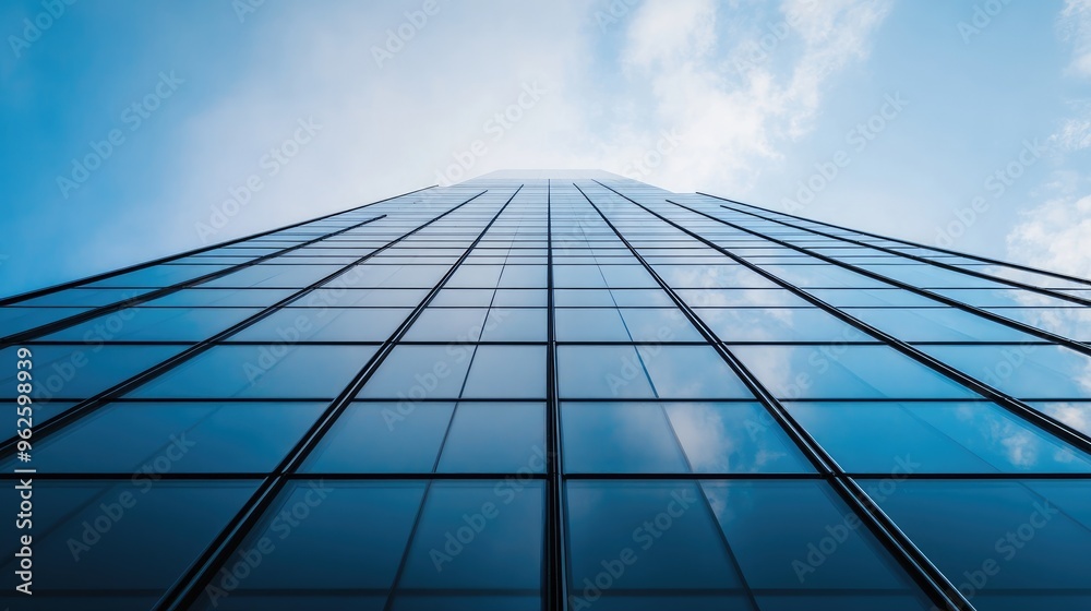 A modern skyscraper with reflective glass, showcasing vertical lines and geometric patterns against a blue sky A modern skyscraper with reflective glass, showcasing vertical lines and geometric patterns against a blue sky