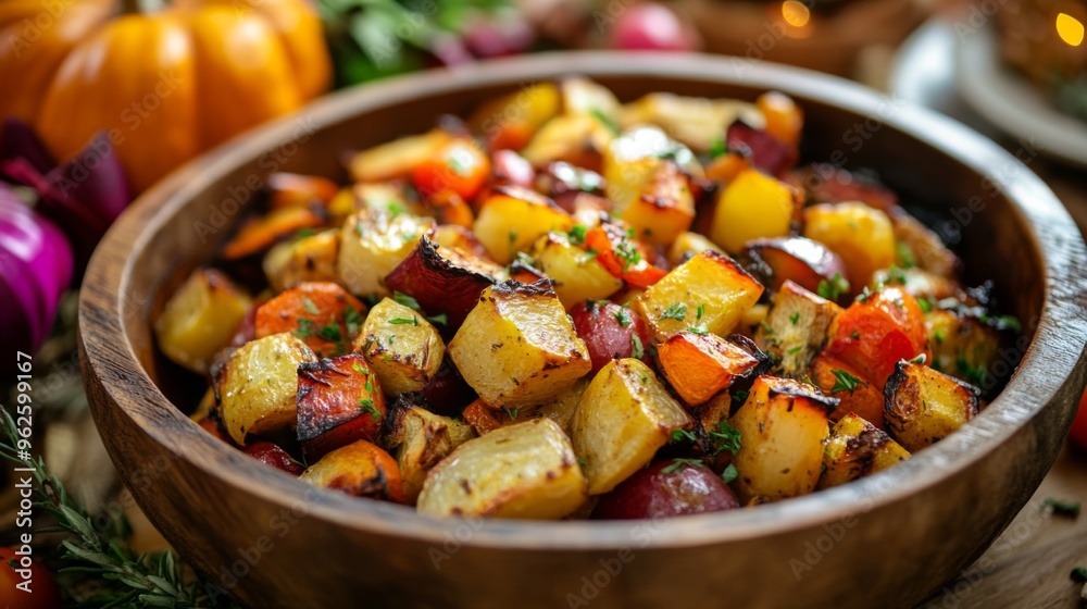 Roasted Root Vegetables in Wooden Bowl with Herbs