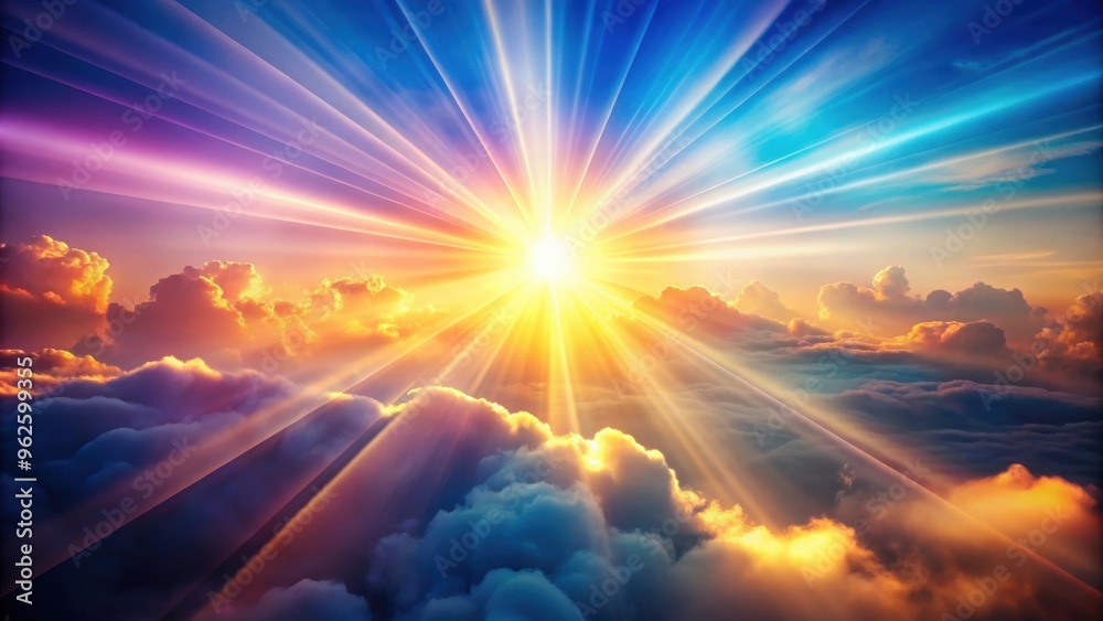 Obraz premium Sunray background with colorful beams shining through clouds, sunbeam, sunshine, light rays, sunny, sky, clouds, nature