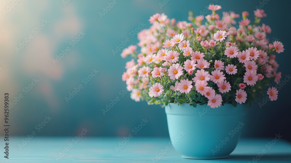 A blue vase with pink flowers in it A blue vase with pink flowers in it