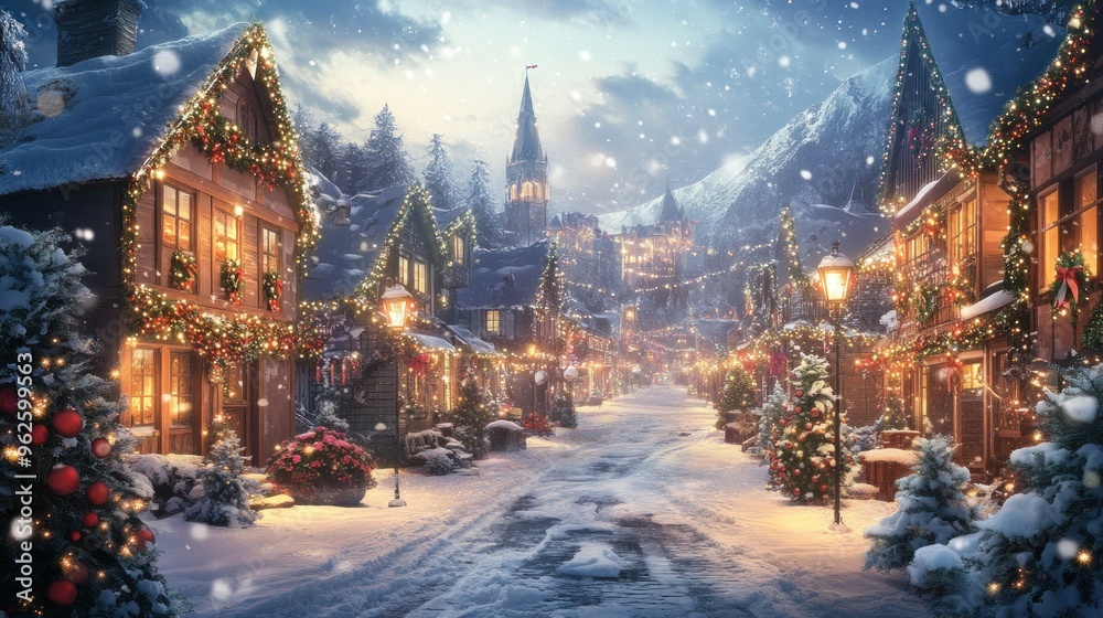 Fototapeta premium Snowy Christmas Village Street with Lights and Decorations