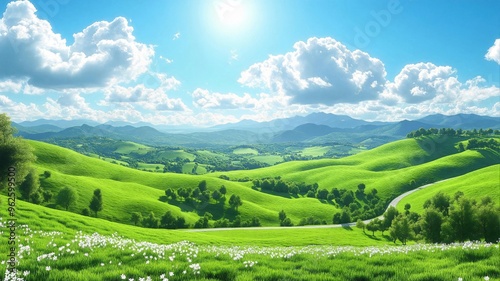 Beautiful Green Landscape with Rolling Hills and Road in Tuscany on Sunny Day