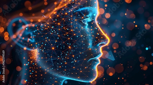 Digital Soul: A mesmerizing abstract portrait of a woman's face, rendered in vibrant blue and orange hues, with intricate lines of light forming a digital network, evoking a sense of connection and th