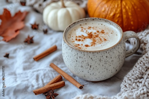 A cozy-looking pumpkin spice latte in a ceramic mug with frothy milk, placed on a soft grey background. Scattered cinnamon sticks and mini pumpkins enhance the autumn theme, leaving space for