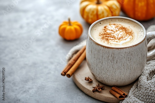 A cozy-looking pumpkin spice latte in a ceramic mug with frothy milk, placed on a soft grey background. Scattered cinnamon sticks and mini pumpkins enhance the autumn theme, leaving space for
