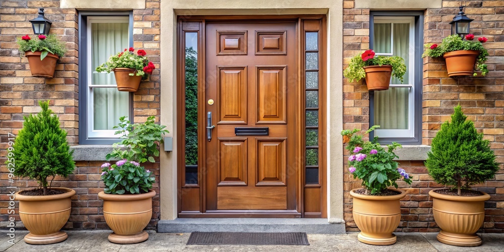 Front door with small square windows and flower pots, welcoming entrance Front door with small square windows and flower pots, welcoming entrance