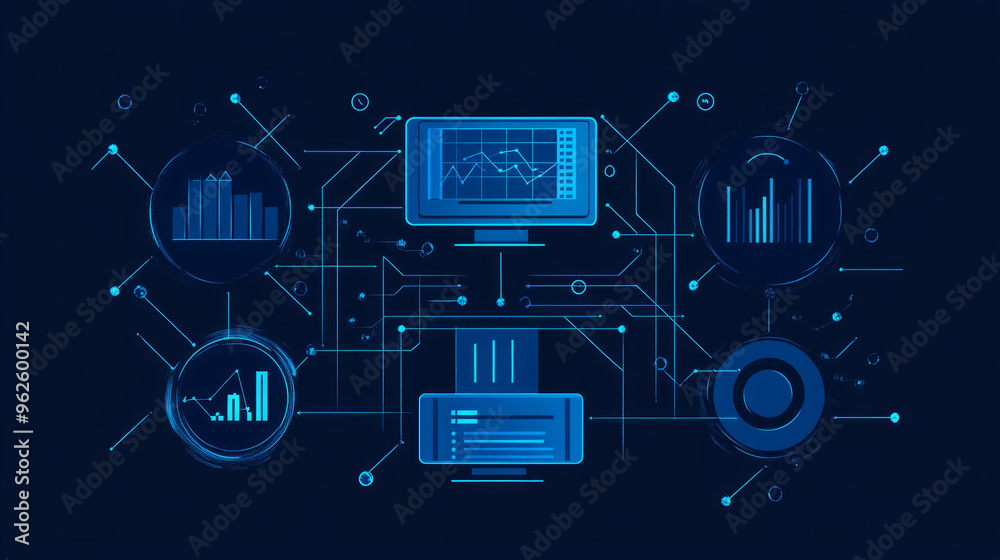 A computer monitor with a blue background and a lot of numbers and graphs A computer monitor with a blue background and a lot of numbers and graphs