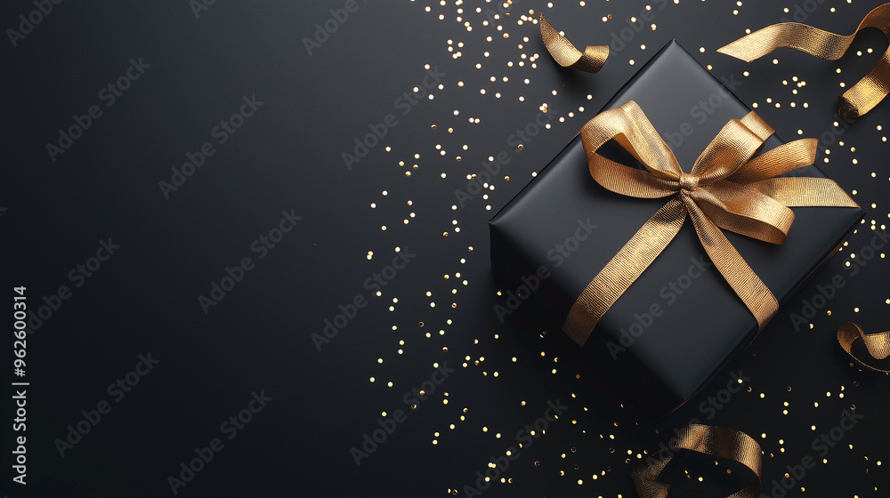 Elegant Black friday theme, Wrapped black gift box with decorations golden ribbon and gold confetti on black background Elegant Black friday theme, Wrapped black gift box with decorations golden ribbon and gold confetti on black background