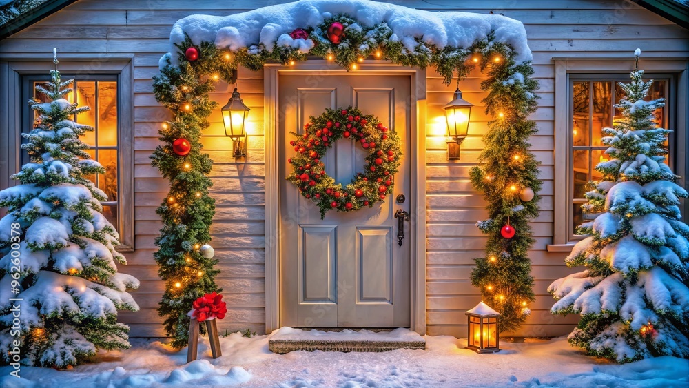 Cozy Christmas morning porch with a festive wreath on the door, creating a winter fairy tale ambiance Cozy Christmas morning porch with a festive wreath on the door, creating a winter fairy tale ambiance