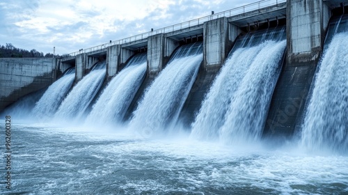 A shot of a dam with cascading water, the lines of the concrete structure cutting sharply against the flowing water