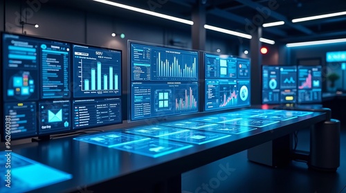 Wallpaper Mural High-Tech Data Analysis Center: Futuristic Control Room with Multiple Screens Displaying Business Intelligence Torontodigital.ca