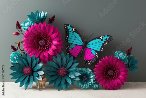 Vibrant Floral Design with Stunning Butterfly in Magenta and Teal