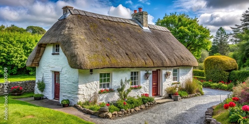 Traditional Irish cottage house with thatched roof and white-washed walls, surrounded by lush greenery