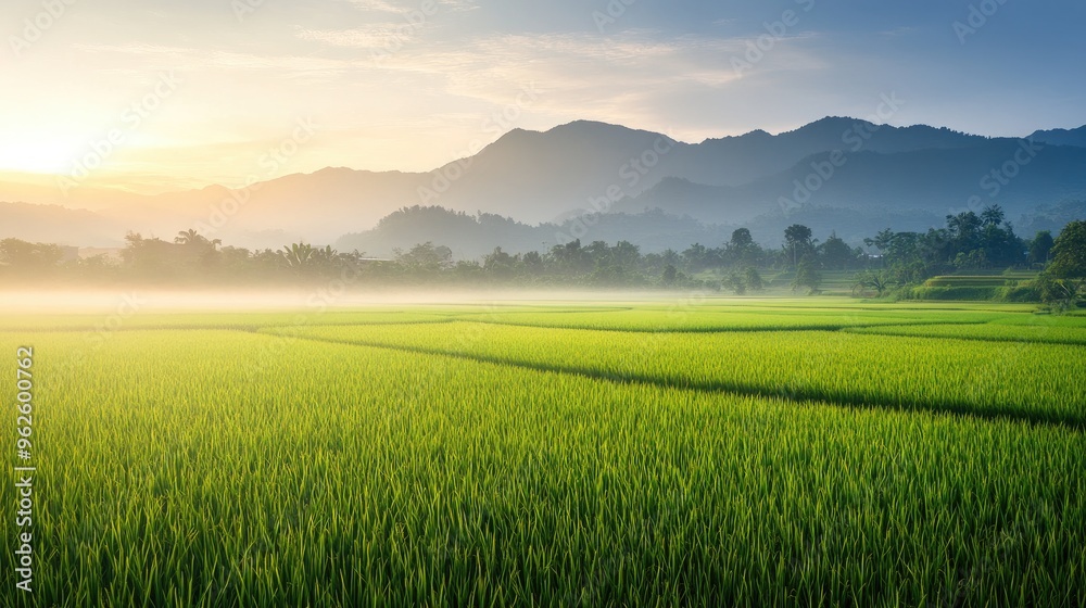 Obraz premium A serene landscape of rice fields at dawn, with mist hovering over the green fields and distant mountains.