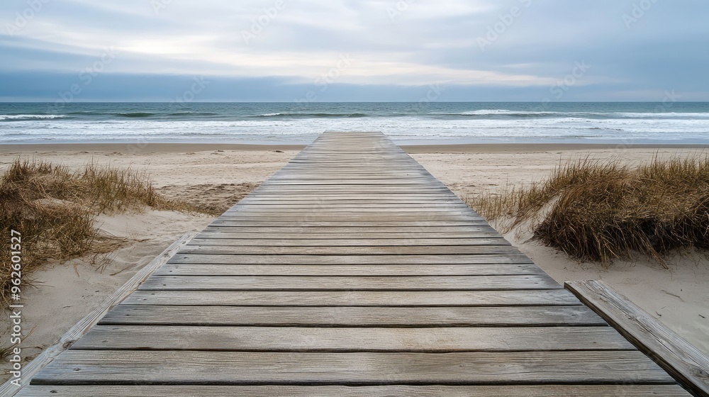 A wooden boardwalk leading to the beach, with parallel planks creating a rhythmic line pattern towards the ocean