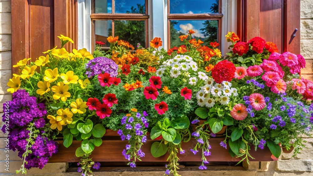 Naklejka premium A window box filled with colorful flowers and plants