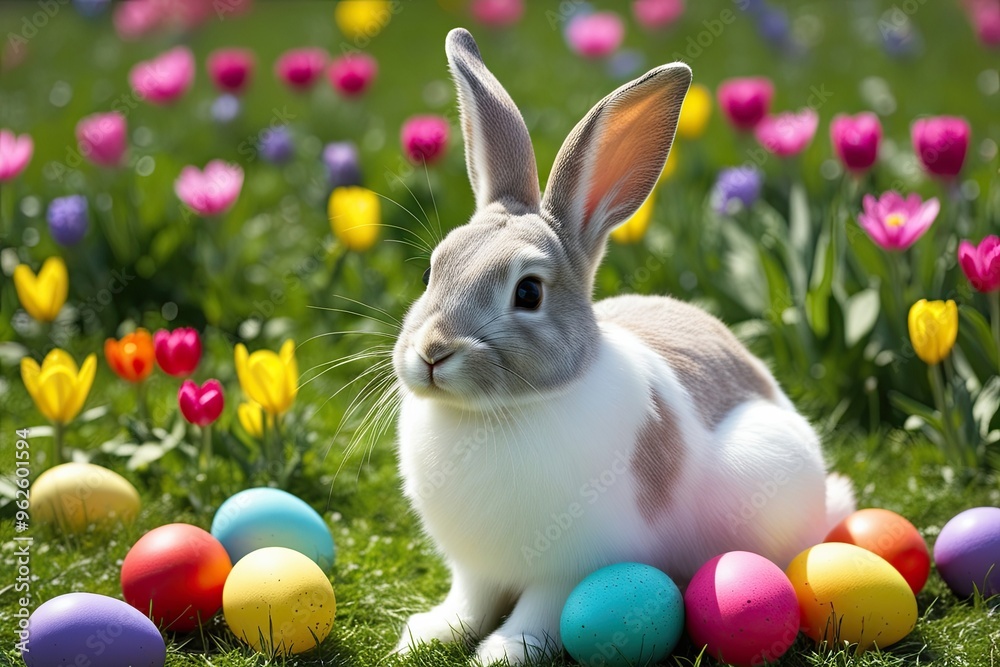 Easter Bunny in Colorful Meadow with Bright Eggs and Spring Flowers Easter Bunny in Colorful Meadow with Bright Eggs and Spring Flowers