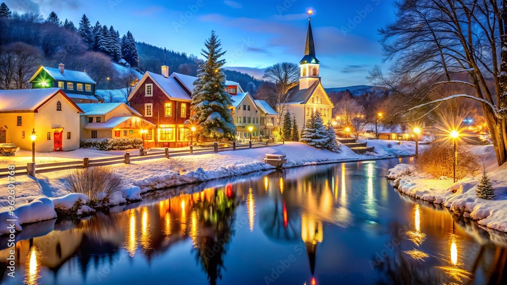 Fototapeta premium Christmas town background featuring a small town with a river, church, and houses decorated with festive lights