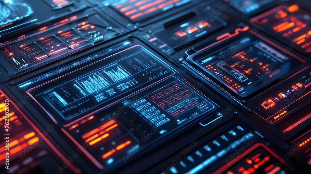 Futuristic Interface with Blue and Red Neon Lights 3D Illustration Futuristic Interface with Blue and Red Neon Lights 3D Illustration
