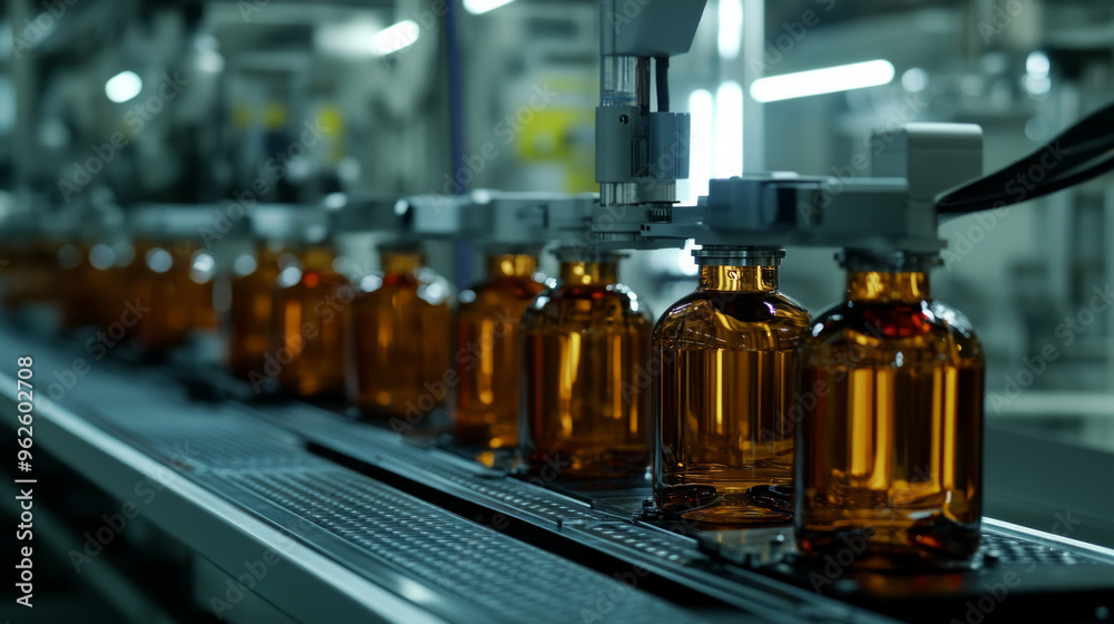 A conveyor belt with many bottles of liquid on it A conveyor belt with many bottles of liquid on it