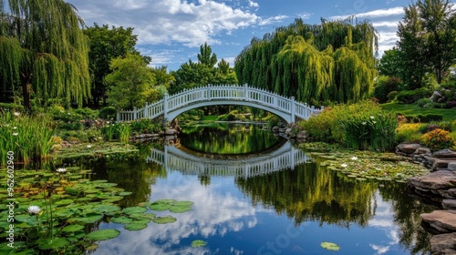 An ornamental garden with a lily pond, arched bridge, and weeping willow trees reflected in the water