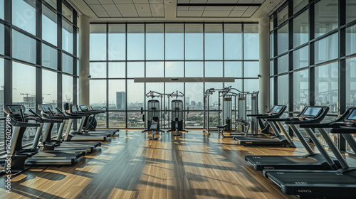 A gym with many treadmills and a view of the city
