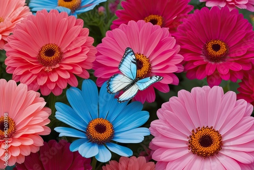 Vibrant Coral Pink and Azure Garden Blooms with a Glowing Butterfly