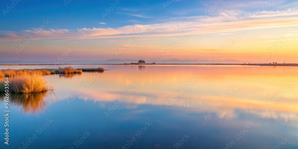 Tranquil Valencian lagoon at dawn with soft pastel colors reflecting in the water , Valencian lagoon, dawn, tranquil