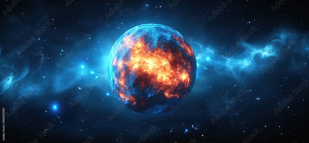 A fiery planet explodes in a swirling nebula, a cosmic spectacle of energy and destruction. Abstract concept of creation, chaos, or the end of times. A fiery planet explodes in a swirling nebula, a cosmic spectacle of energy and destruction. Abstract concept of creation, chaos, or the end of times.