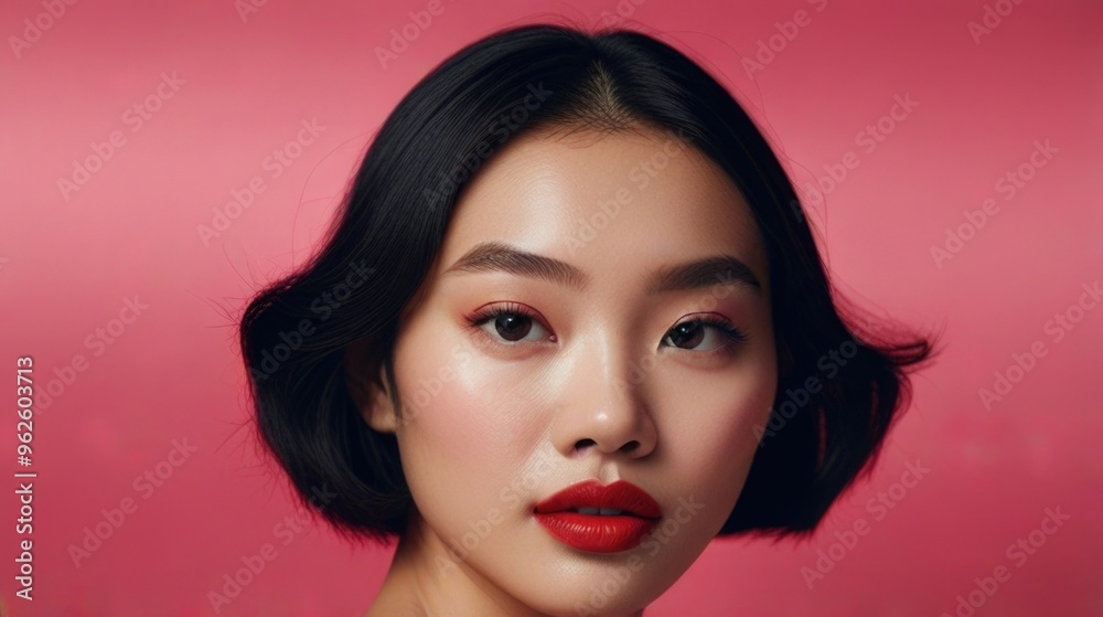 young Asian woman model with red lips on a pink background young Asian woman model with red lips on a pink background
