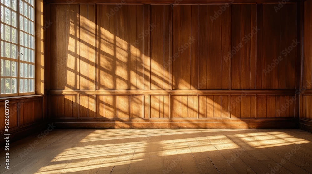 Obraz premium An empty, sunlit room with gentle light creating elegant shadows on a wooden panel wall, offering a tranquil and aesthetically pleasing setting