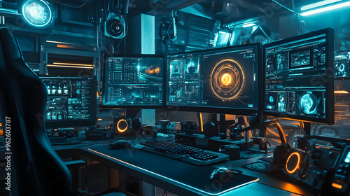 Cyberpunk Workspace with Multiple Monitors and Futuristic Interface Illustration