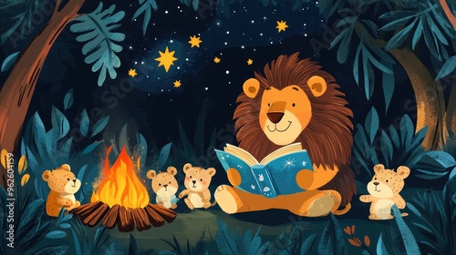 A cartoon lion reading a bedtime story to a group of baby animals, with a cozy campfire and stars in the sky photo