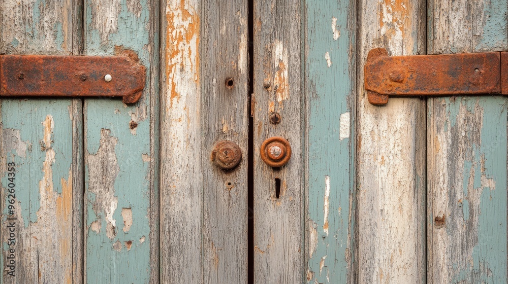 Background of old wooden doors with weathered paint and metal accents, evoking a historic, rustic charm. Background of old wooden doors with weathered paint and metal accents, evoking a historic, rustic charm.