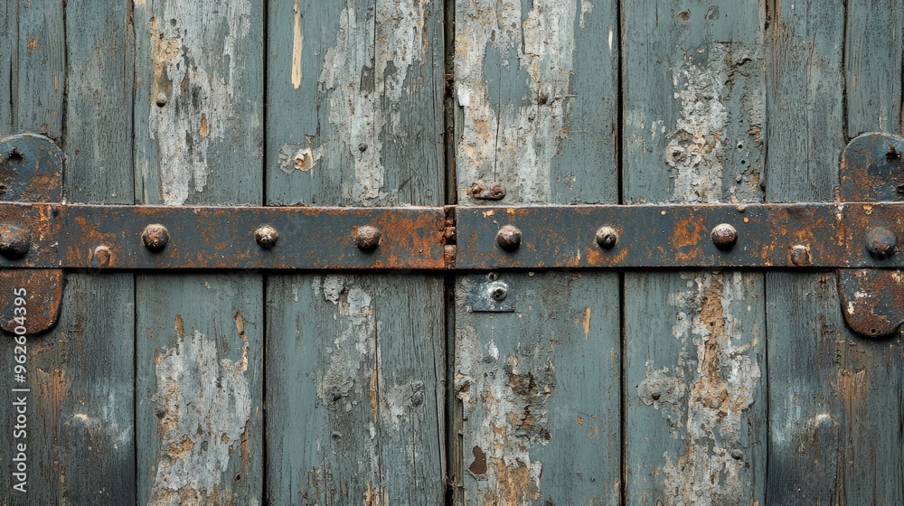 Background of old wooden doors with weathered paint and metal accents, evoking a historic, rustic charm. Background of old wooden doors with weathered paint and metal accents, evoking a historic, rustic charm.