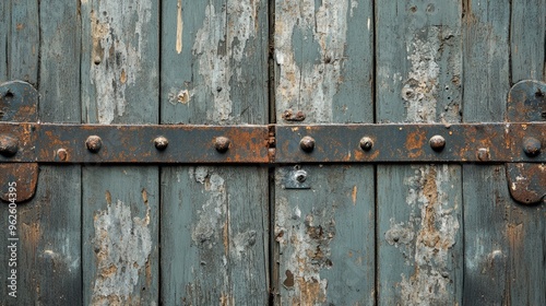 Background of old wooden doors with weathered paint and metal accents, evoking a historic, rustic charm.