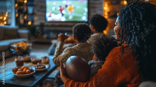 Woman and Child Watching Football on TV with a Football